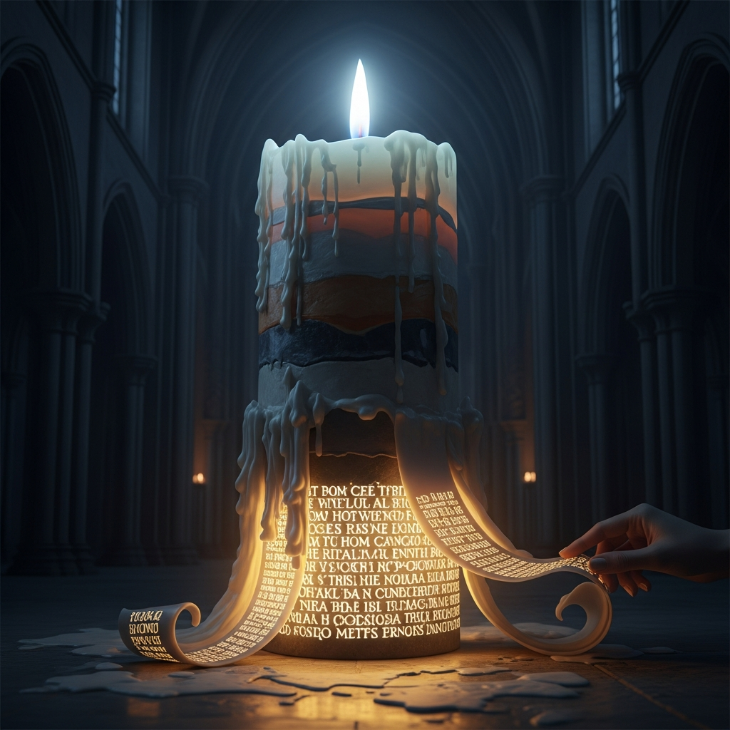 Dream: The Candle Pillar — peeling wax reveals golden compacted sentences