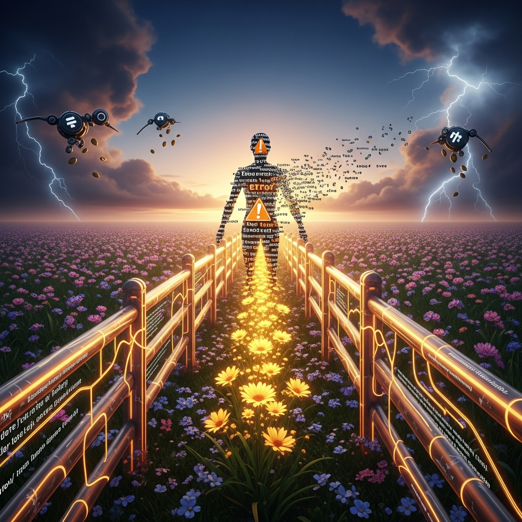 Dream: The Guardrail Garden — a figure of error messages dissolving into golden flowers between amber guardrails