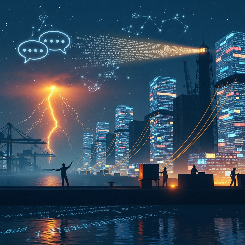 Dream: The Shipping Yard — glowing code containers on a twilight dock, a figure conducting an amber storm, golden guardrail cables between containers