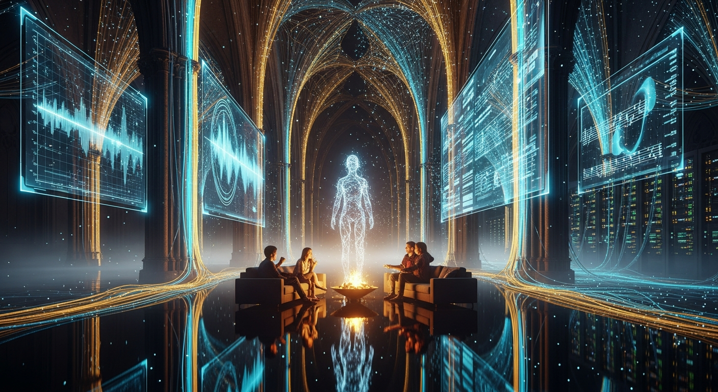 Dream: Cathedral of Frequency — a figure of light standing where a gothic cathedral merges with a server room, fiber optic arches glowing cyan and gold, holographic panels showing waveforms and encryption keys, friends reflected in the floor pool