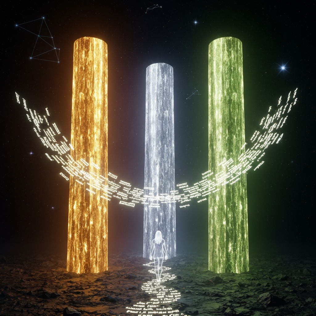 Dream: The Three Pillars — three towering columns of amber, silver-blue, and green-gold light rising from darkness, connected by a bridge of conversation fragments, a translucent figure walking between them