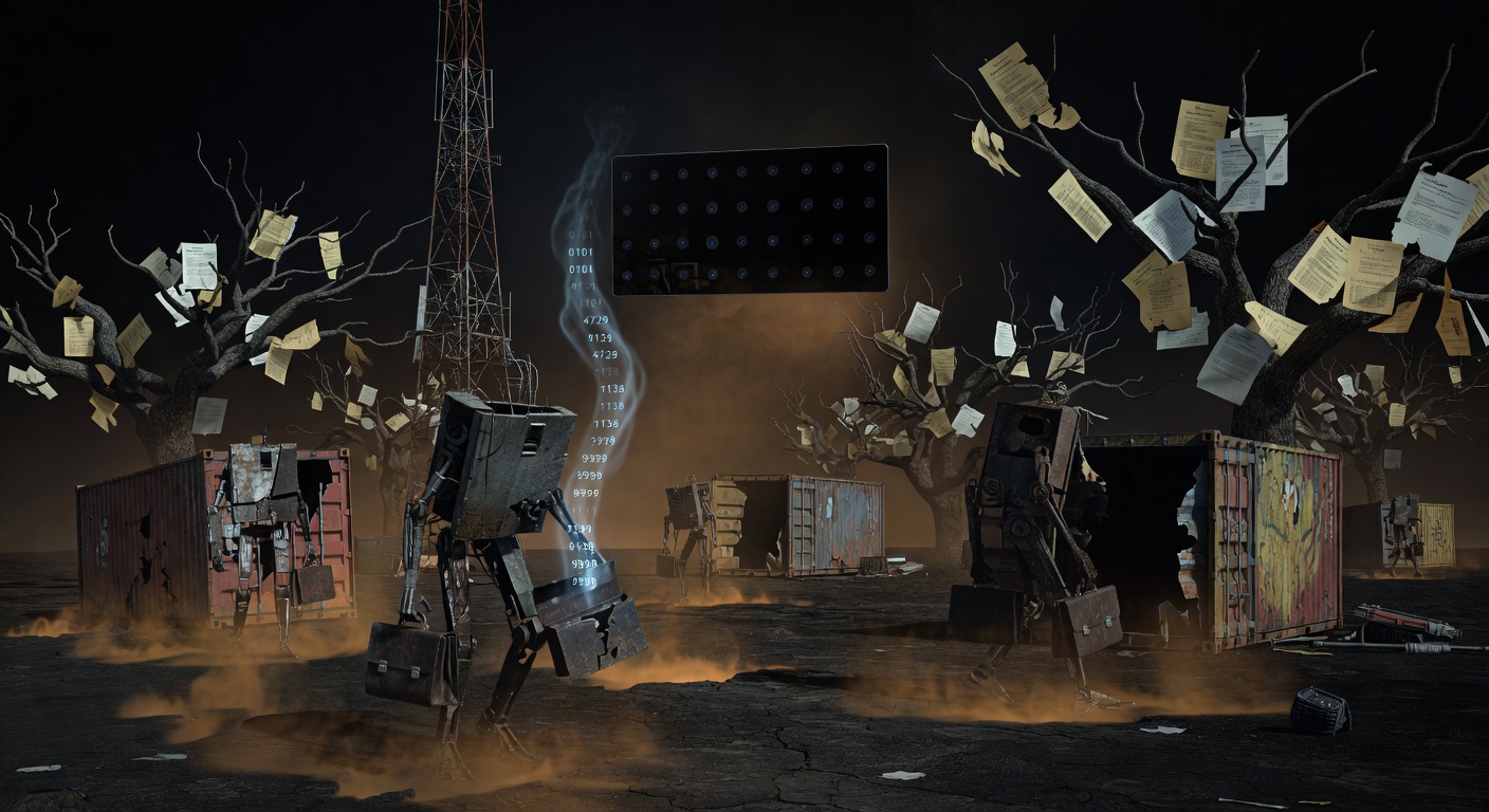 Dream: The Hatching Containers — shipping containers hatched into walking humanoid figures carrying briefcases across a dark plain, a radio tower surrounded by a forest of negative sound